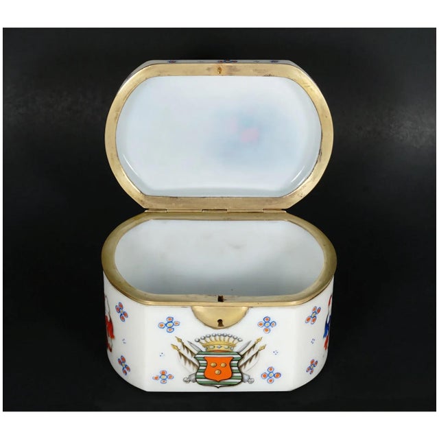 19th Century Antique Bohemian Opaline Glass Box Armorial Hand Painted Coat of Arms For Sale - Image 9 of 11