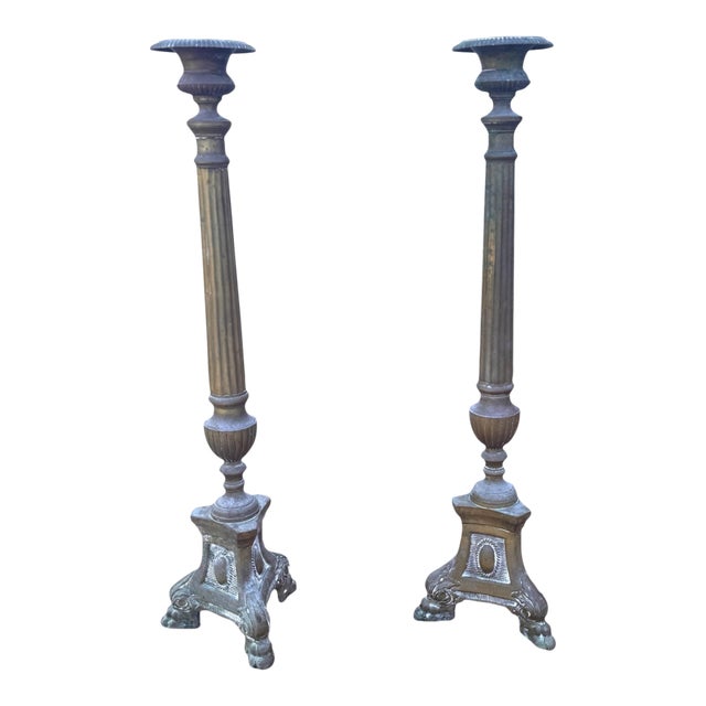 Pair of Tall Neoclassical Empire Style Patinated Brass Candlesticks, 28.25” For Sale