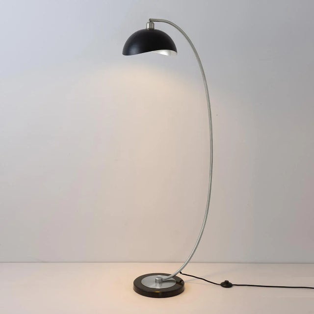 Mid-Century Modern Luna Bella Chairside Arc Floor Lamp - Black & Silver-Leaf Shade, Antique Nickel, Black Marble Base, Floor Dimmer For Sale - Image 3 of 12