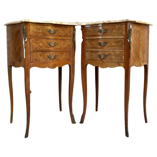 Mid 20th Century Bedside Tables in French Walnut with Marquetry & Marble Top, Set of 2 For Sale - Image 15 of 18