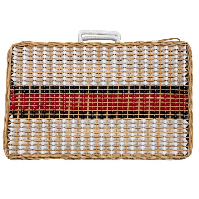 Mid 20th Century Vintage Gucci Inspired Bamboo Wicker Picnic Basket Case With Red, Black and White Striped Weave For Sale - Image 5 of 9