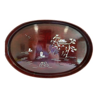 Asian Lacquer Tray With Mother of Pearl Landscape Inlay For Sale
