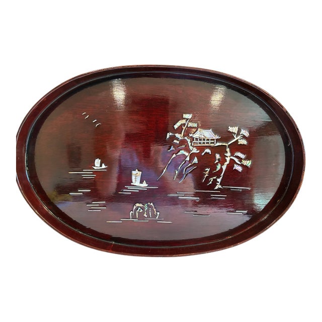 Asian Lacquer Tray With Mother of Pearl Landscape Inlay For Sale