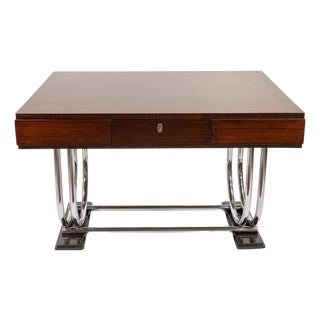 Late Art Deco/Early Modernism French Figured Mahogany and Chrome Writing Desk, C .1940 For Sale