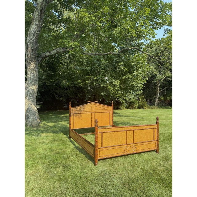 English British Colonial Style Faux Bamboo and Rattan Queen Bed in Tortoise Finish For Sale - Image 3 of 12