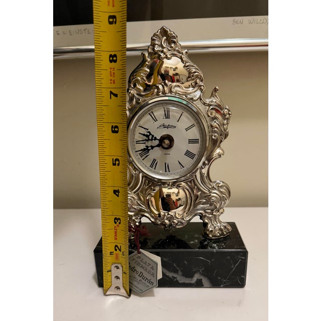 Silver Sterling Silver 925 Pedro Duran Mantel Clock Marble Stand Louis XV Style NWT For Sale - Image 8 of 9