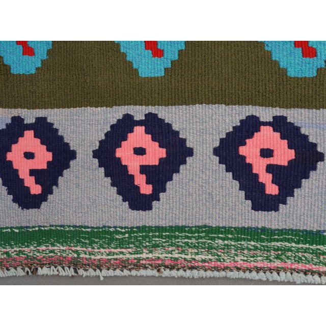 1970s 1970s Vintage Handmade Wool Cotton Blue Runner Rug For Sale - Image 5 of 11
