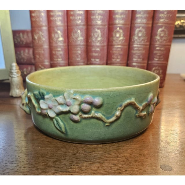 Mid-Century Modern 1940s Roseville "Apple Blossom" Green Bowl For Sale - Image 3 of 12