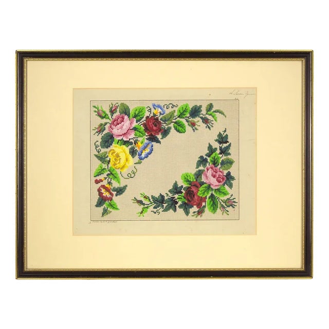 Berlin Woolwork Handpainted Floral Design, Mid-19th Century, Gouache For Sale