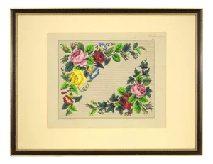 Berlin Woolwork Handpainted Floral Design, Mid-19th Century, Gouache