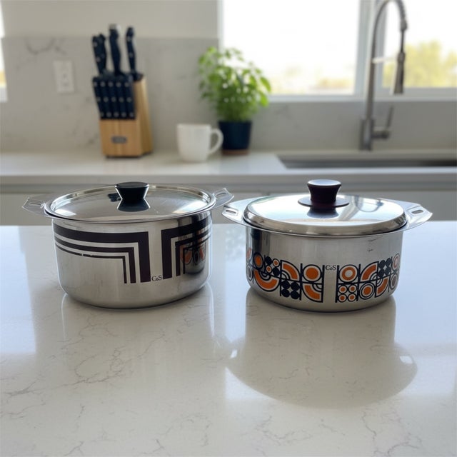 Orange and Brown Enameled Stainless Steel Pots from C&S of France, 1970s, Set of 2 For Sale - Image 18 of 18