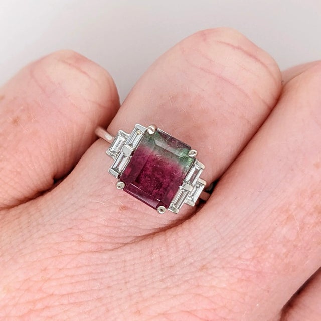 Metal 3ct Watermelon Tourmaline Ring with Natural Diamonds in Solid 14k Gold EM 10x8mm For Sale - Image 7 of 8