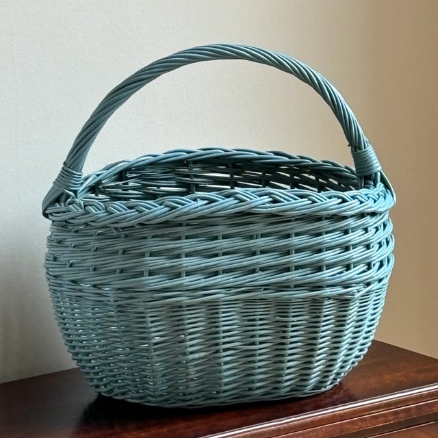 Wood Vintage Cornflower Blue European-Style Market Basket For Sale - Image 7 of 12