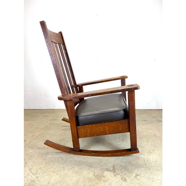 Antique Stickley Brothers Mission Oak Arts & Crafts Rocking Chair New Leather Seat For Sale - Image 10 of 12
