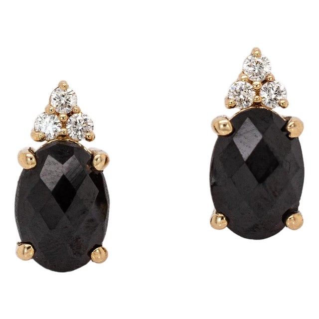 Oval Shaped Black Spinel Stud Earrings in 14k Solid Gold With Natural Diamonds- 2 Pieces For Sale