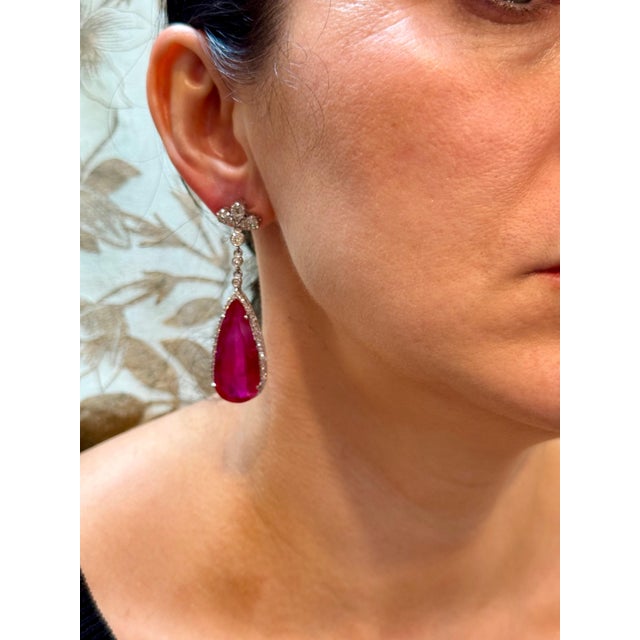 62 Ct Natural Pear Drop Pink Tourmaline & Diamond Cocktail Earring, 14 Kt Gold For Sale - Image 11 of 18