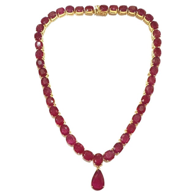 Bochic "Capri" Vintage 120 Carat Plus Of Natural Ruby Necklace Set 18K Gold & Silver For Sale - Image 18 of 18