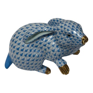 Big Herend Hungarian Porcelain Blue Fishnet Bunny Rabbit Figure - Paw Up For Sale
