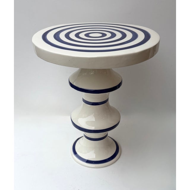 Mid-Century Modern Contemporary Pair of Blue and White Ceramic Stripe Side Tables. Italy For Sale - Image 3 of 12