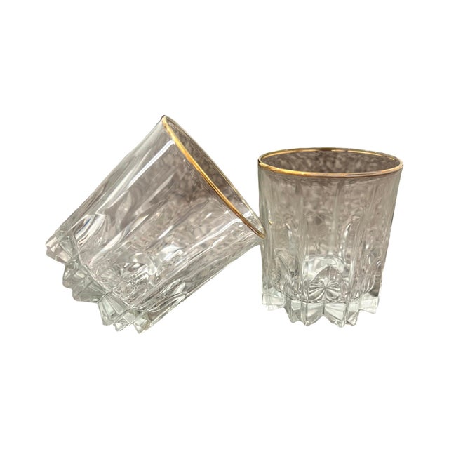 Mid-Century Modern Vintage Set of 8 Whiskey & Scotch Old Fashion Drinking Bar Glasses Gold Rim For Sale - Image 3 of 9