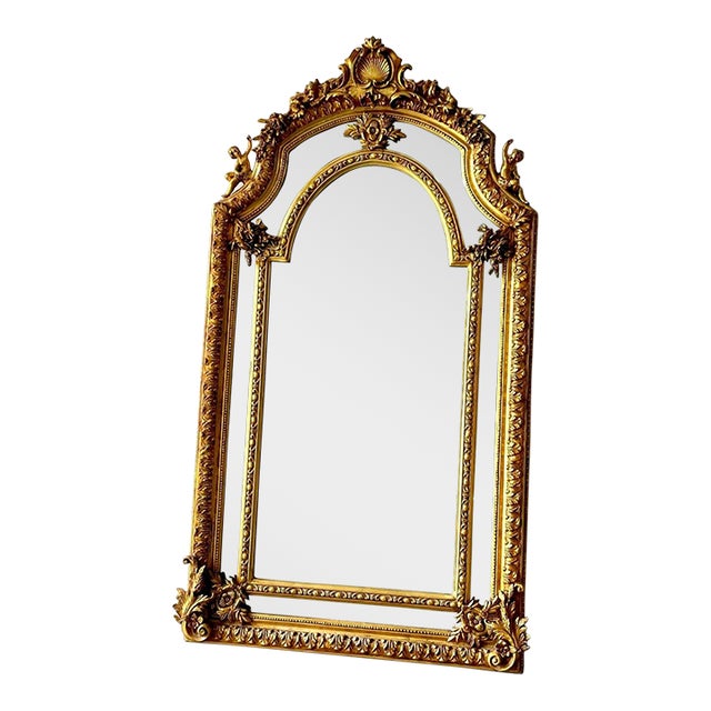 French Style Floor Mirror With Angels Details on Both Sides For Sale