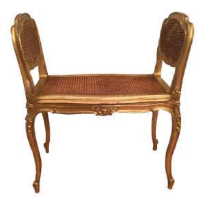 Turn of the Century Louis XVI French Gilt Caned Vanity Bench With Tassel Seat Cushion