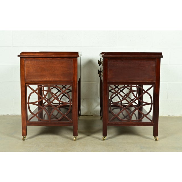 Baker Furniture Historic Charleston Chippendale Carved Mahogany Rolling Buffet Servers, Pair For Sale - Image 9 of 11