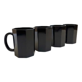 Postmodern Black Octagon Milk Glass Mugs - Set of 4 - "Octime" by Arcoroc, France For Sale