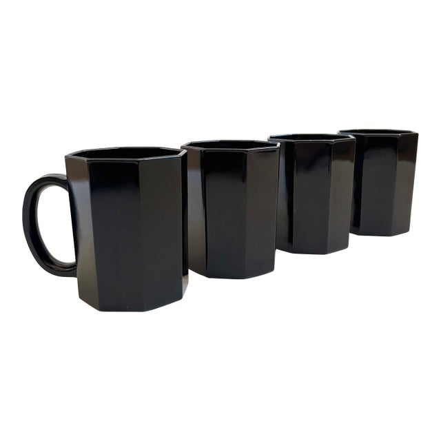 Postmodern Black Octagon Milk Glass Mugs - Set of 4 - "Octime" by Arcoroc, France For Sale