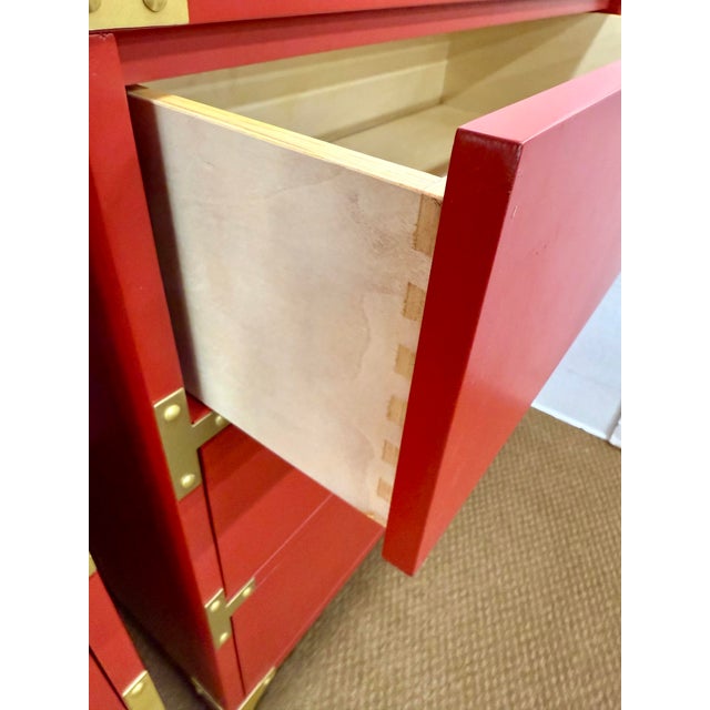 Red and Brass Campaign Style Three Drawer Chest For Sale - Image 4 of 9