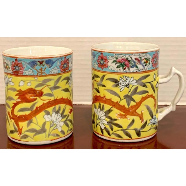 19th Century Chinese Export Famille Verte Yellow Dragon Motif Mugs - a Pair For Sale - Image 4 of 11