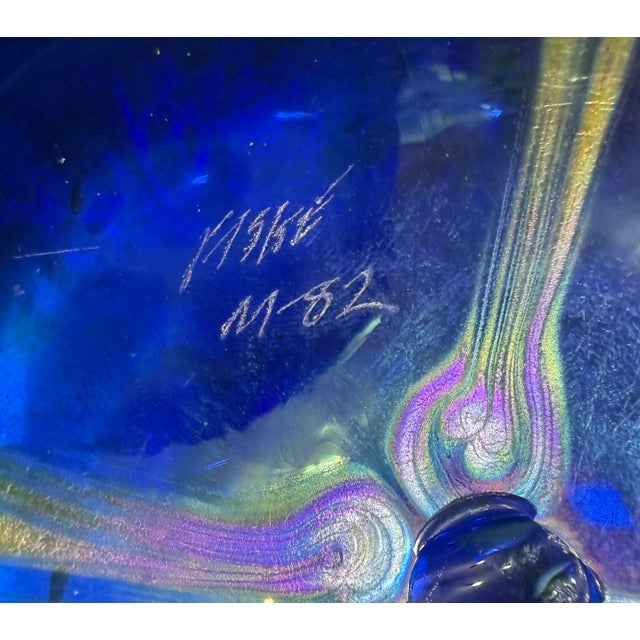 Vintage Hand Blown Kent Fiske Blue Iridescent Art Glass Splatter Vase Sculpture For Sale - Image 14 of 14