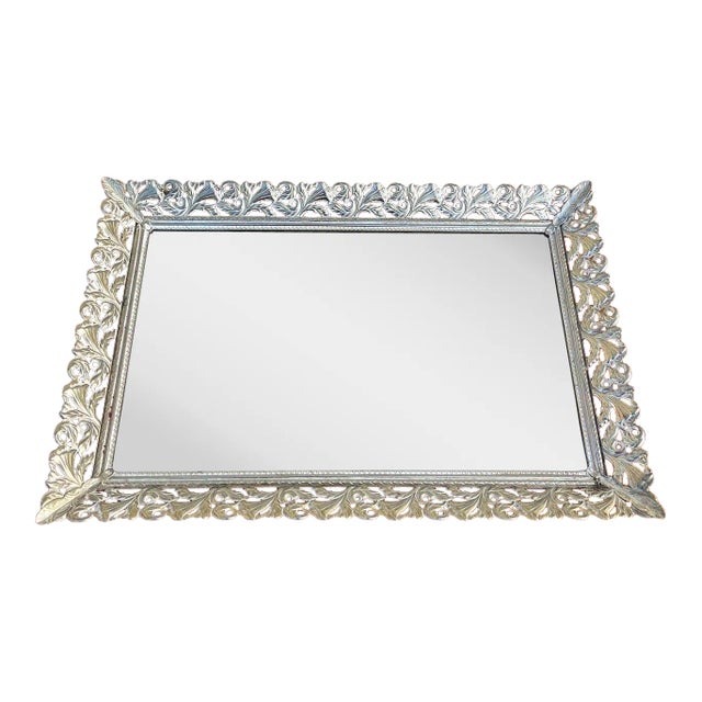 Vintage Good Filigree Vanity Mirror Tray For Sale