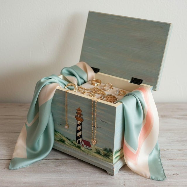 Late 20th Century Hand Painted Lighthouse Wood Box-Coastal Nautical Storage-Cottage-Beach-Keepsake For Sale - Image 10 of 11