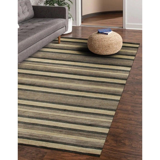 5x8 Multicolor Hand-Knotted Wool Grounded Earth Tones Striped Modern Carpet Rug For Sale - Image 4 of 4