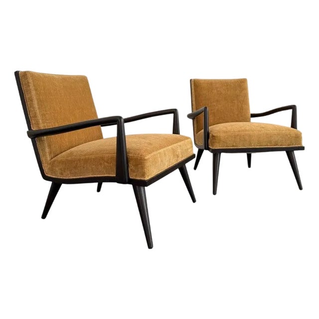 1950s Hollywood Regency Lounge Armchairs in Black Lacquered Walnut For Sale