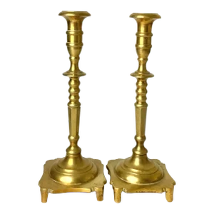 Pair of Early 19th Century Georgian Brass Footed Candlesticks With Square Base