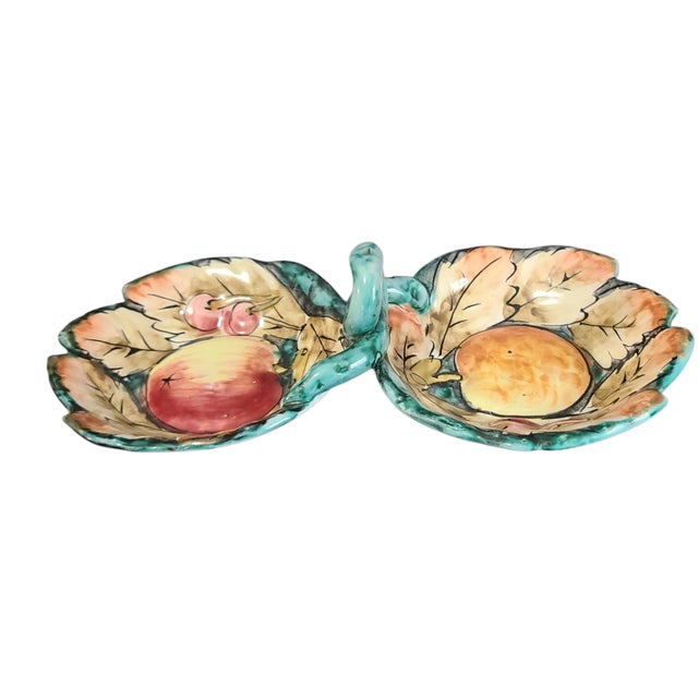 Blue Vintage Italian Majolica Hand Painted Pottery 2 Compartment Handled Serving Dish For Sale - Image 8 of 8
