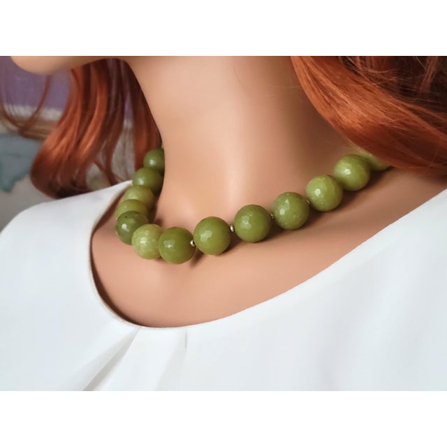 Natural Olive Jade Beaded Necklace With Jade Clasp For Sale - Image 4 of 7