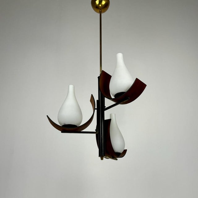 Mid-Century Modern Pendant Light in Teak with Milk Glass and Brass, 1960s For Sale - Image 3 of 10