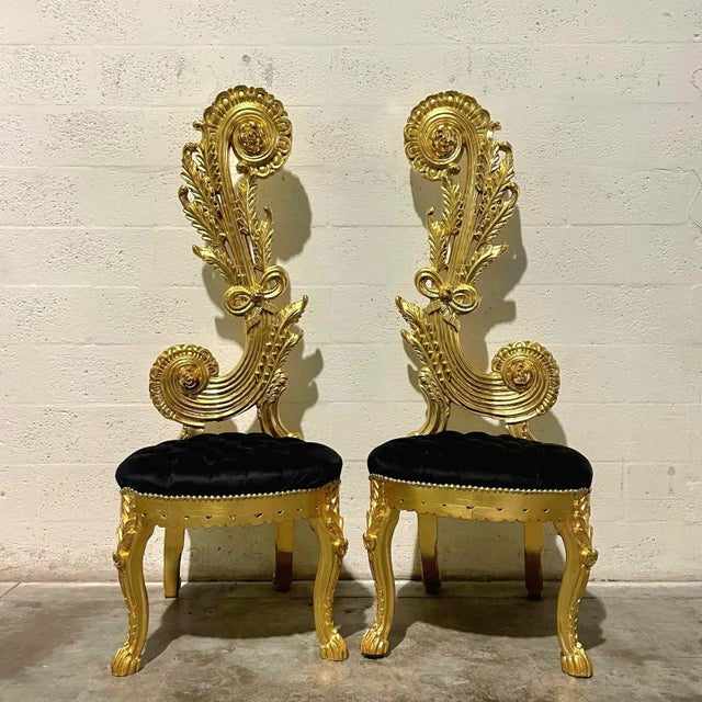 1990s Italian Baroque Chair – High Back Black & Gold Leaf Details For Sale In Miami - Image 6 of 6
