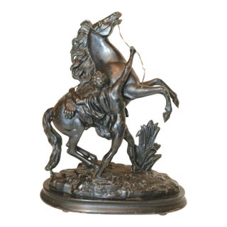 1930s Large Black Patinated Horse & Trainer Equestrian Metal Statue Sculpture For Sale