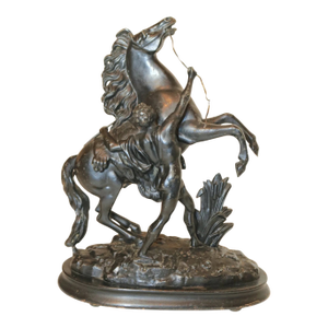 1930s Large Black Patinated Horse & Trainer Equestrian Metal Statue Sculpture