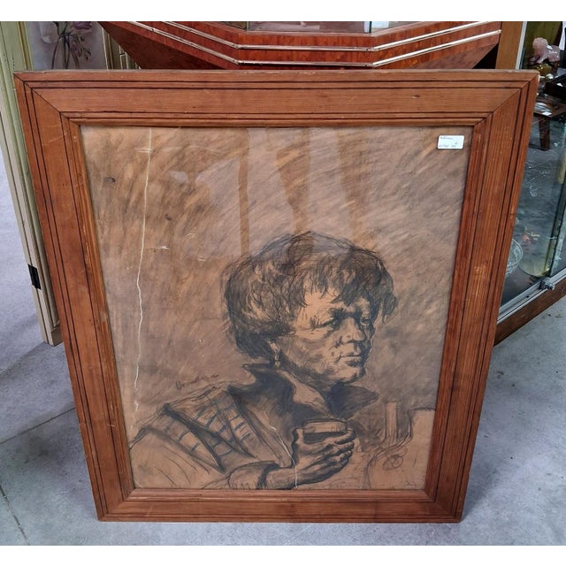 Important Charcoal Drawing on Paper Portrait of a Woman with a Glass Signed and Dated 1947, 1920s, Charcoal For Sale - Image 3 of 6