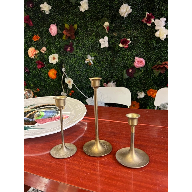 Mid-Century Modern 1970s Trio of Simple Brass Skinny Candlestick Holders For Sale - Image 3 of 7