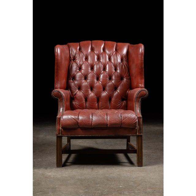 Traditional Vintage Wingback Tufted Leather Chesterfield Armchair in Burnt Red For Sale - Image 3 of 16