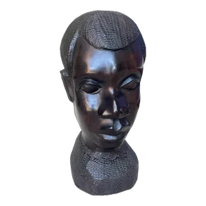 Mid 20th Century African Hand Carved Ebony Wood Sculpture Male Head Bust 11"