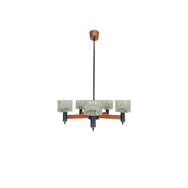 Teak and Textured Glass Chandelier by Carl Fagerlund for Orrefors, 1960s For Sale - Image 16 of 16