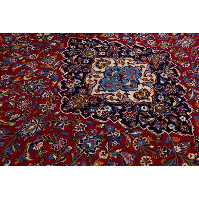 Red Rosette Designed Persian Kashan Wool Rug in Red From the 1950s For Sale - Image 8 of 9