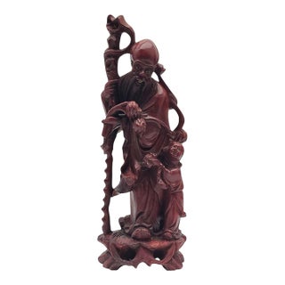 Mid Century Chinese Hand Carved Wood Figure of Shou Xing Longevity Deity 12.75" For Sale